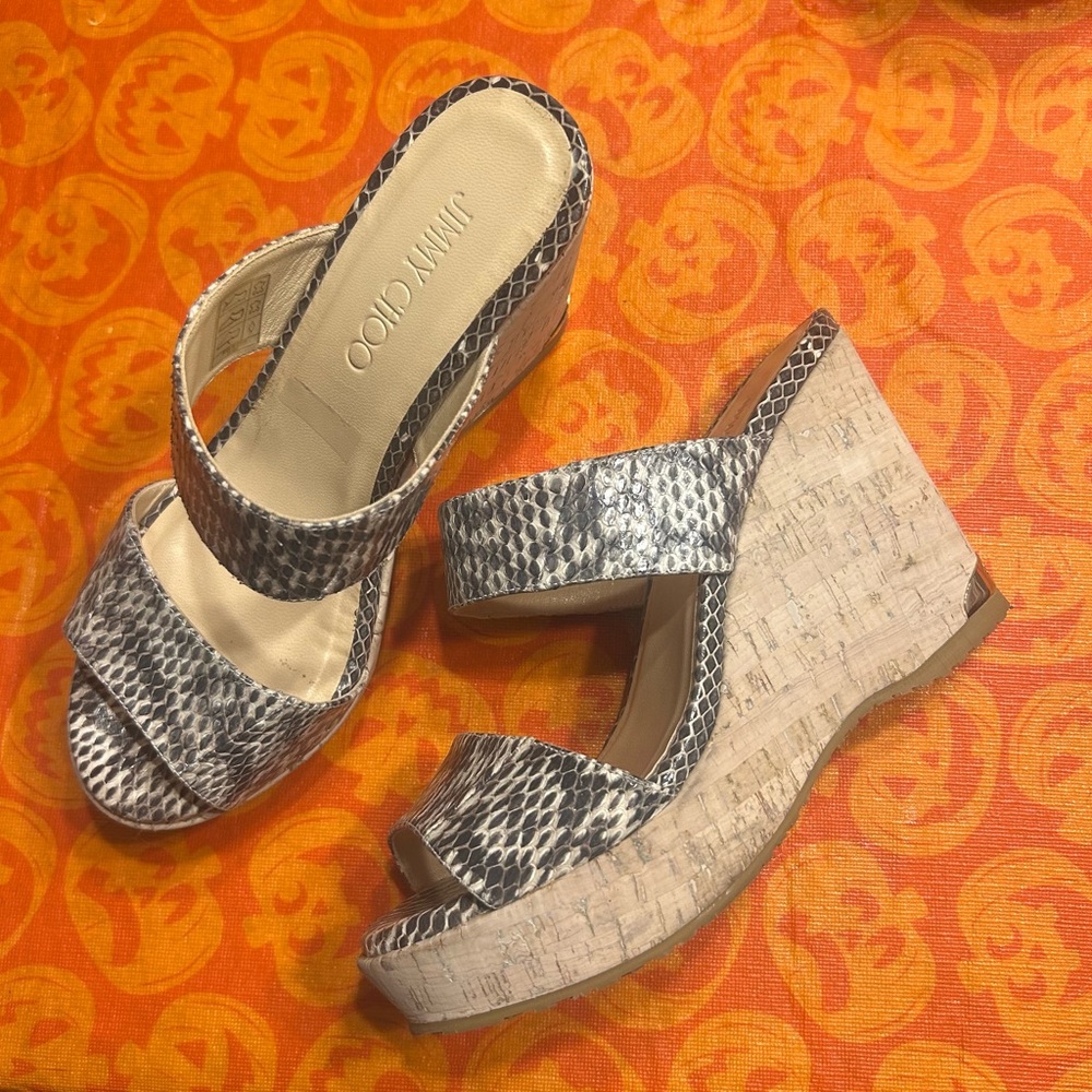 Jimmy Choo Gray and Cork Snakeskin Wedges